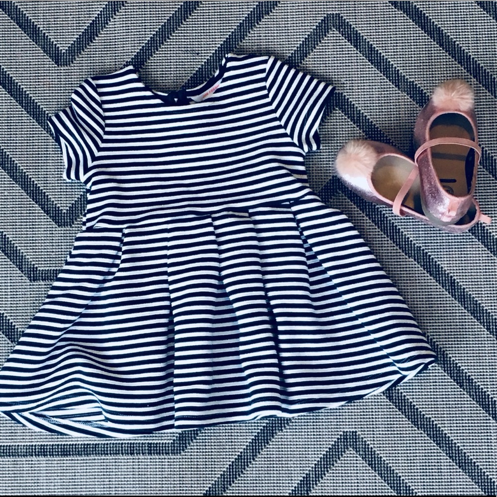 Black and white striped fit and flare dress